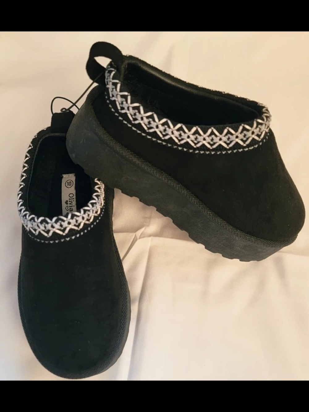 Black Suede Slip-On Mules with White Embroidered Trim Little Girls Size 10